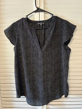Adrianna Papell Black and White Pinstripe V-Neck Cap-Sleeve Blouse